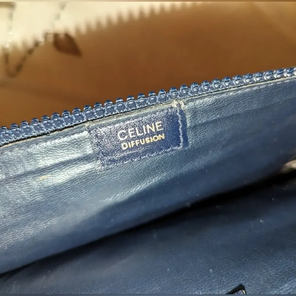 Vintage Celine Diffusion TRIOMPHE Leather Clutch Pouch Blue Vintage EUC with COA